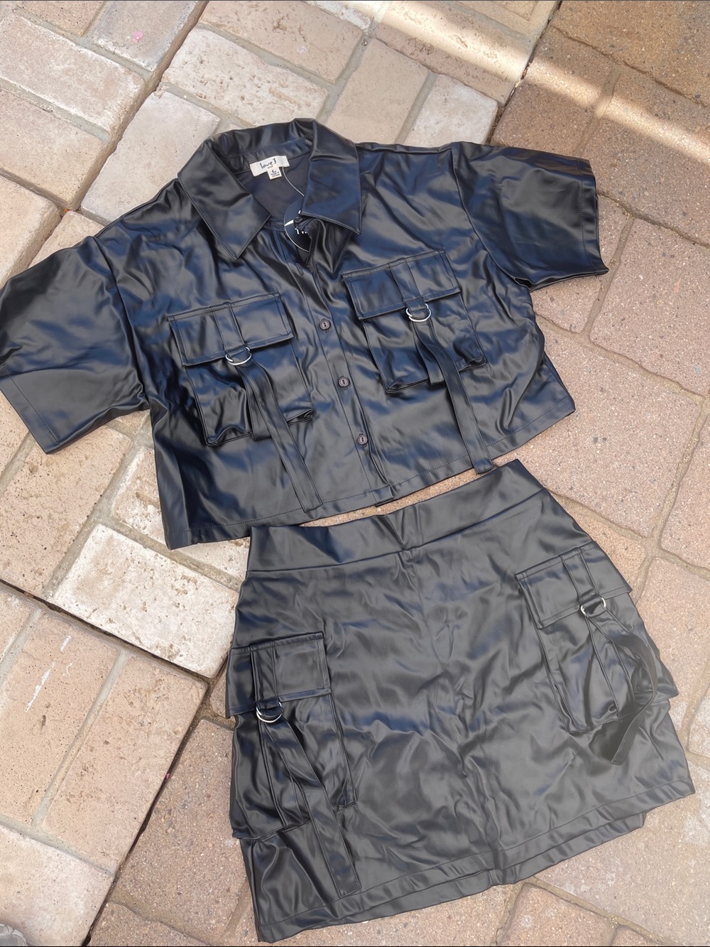 Lioness Black Faux Leather Cargo Two-Piece Set - Crop Shirt & Mini Skirt